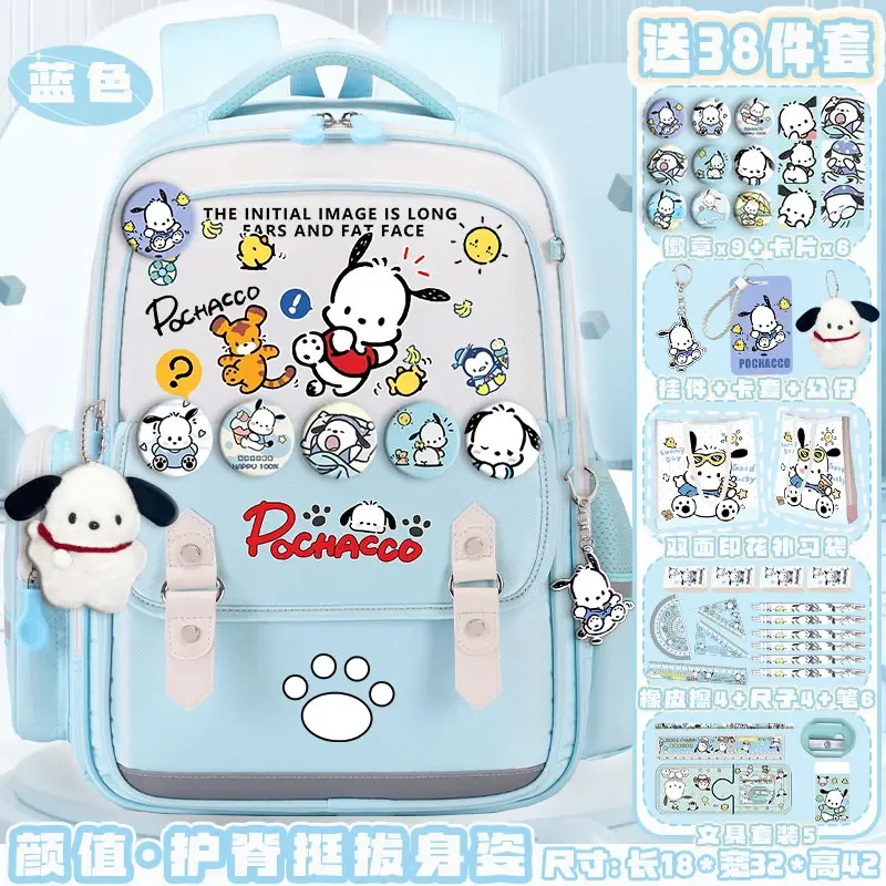 Sanrio Pacha Dog Student Schoolbag, grande capacidade, casual e leve, almofada de ombro, resistente a manchas, mochila impermeável, novo