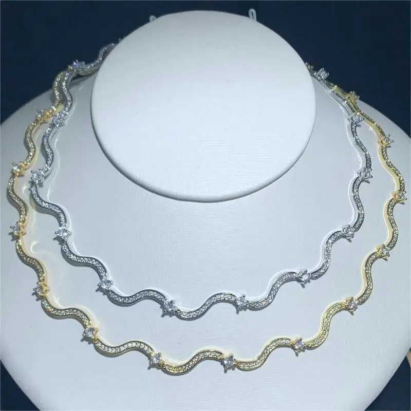 2024 New Arrived High Quality Women Choker Micro Paved 5A Cubic Zirconia CZ Wave Bar Link Chain Necklace