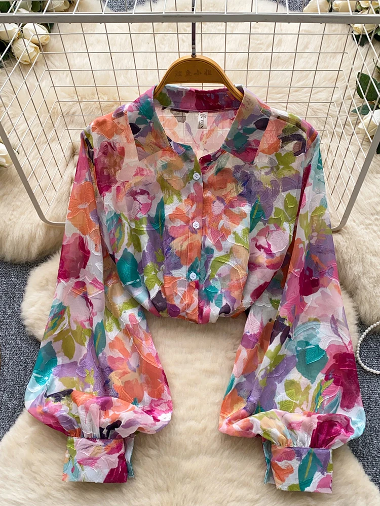 Damen-Sommerhemd im französischen Retro-Stil, atmungsaktiv, mit Blumenmuster, langärmelig, lockere Strickjacke, Hemd für Pendlerinnen, weibliches Oberteil BL399