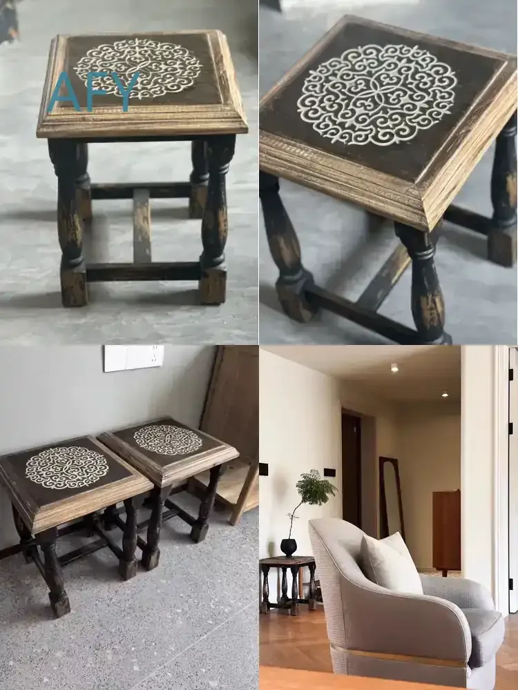 Rustic Wooden Side Table for Home Decor with Carved Mandala Design Distressed Black Finish Solid Cedar Wood 15.7x15.7x19.7