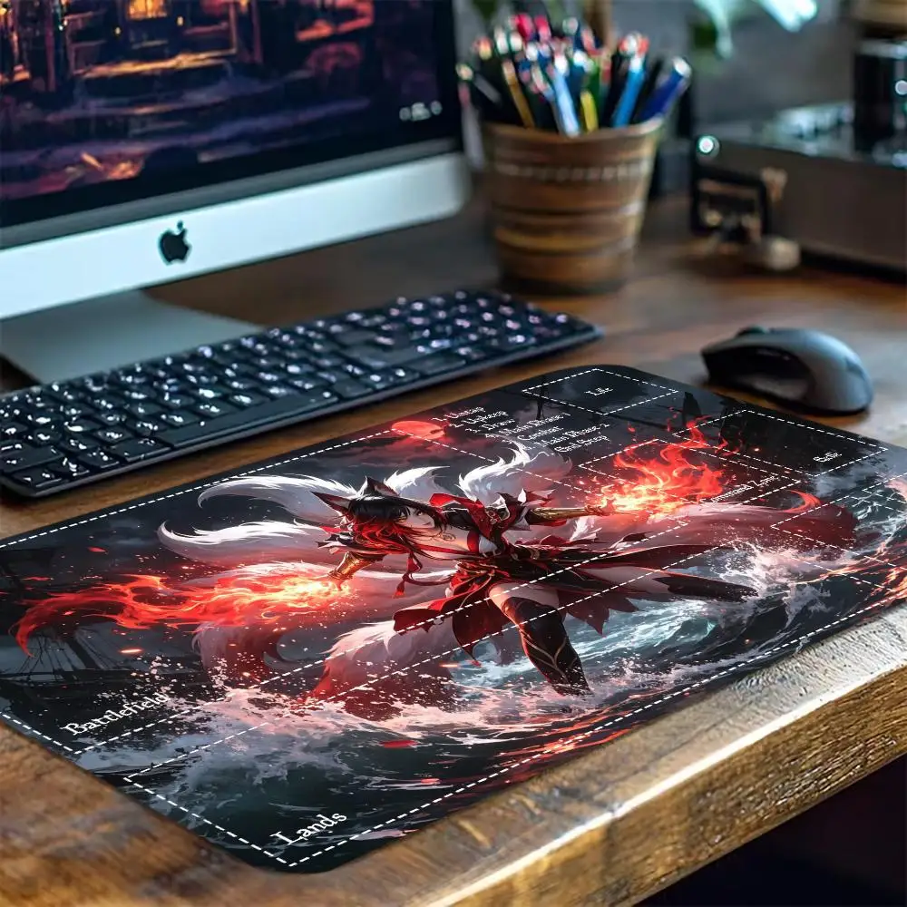Anime Nine Tailed Fox Print Gaming Mouse Pad Large Desk Mat Anti-Slip Rubber Base Stitched Edge Keyboard Mat For Office