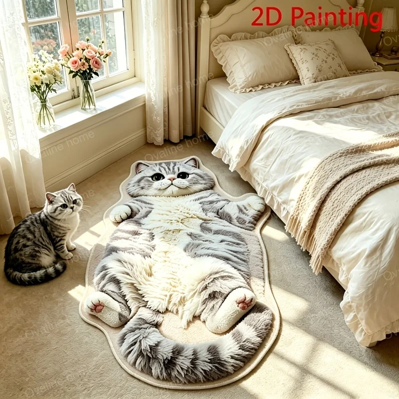 VIKAMA Chubby Lying Tabby Cat Shaped Long Rug 2D Furry Effect Print Non Slip Soft Bedroom Bedside Absorbent Floor Carpet Home
