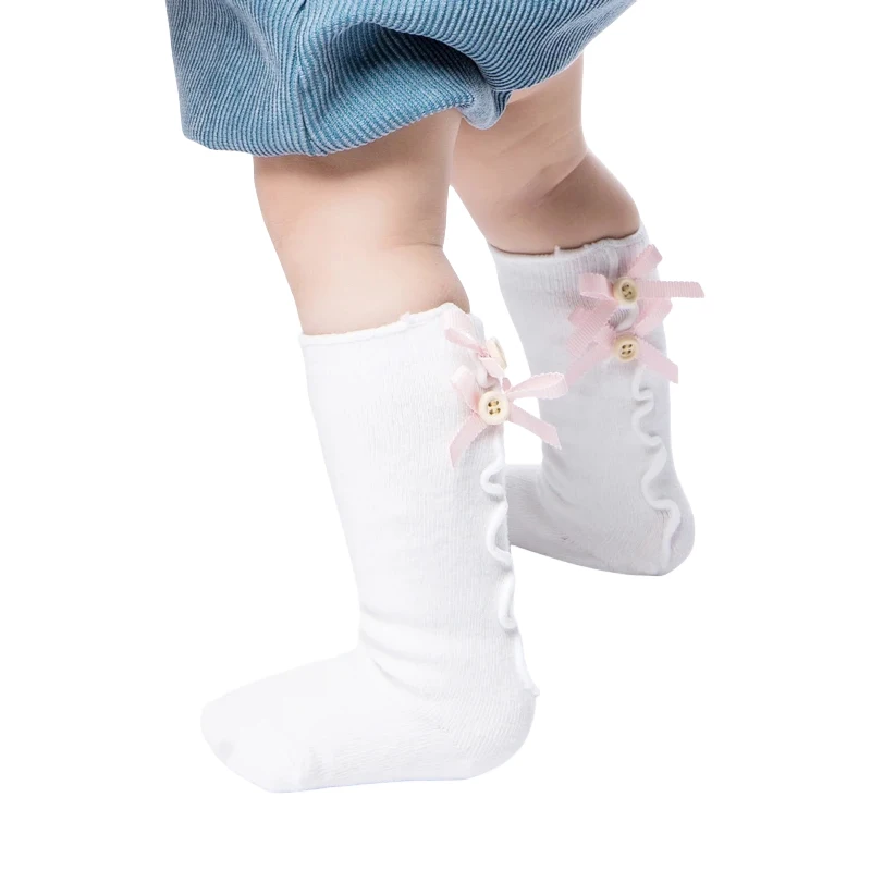 New Arrivals Baby Girls Newborn Cotton Knee-high Socks Trimmed Agaric Laces Bow and Button Kids girls Leg Warmers S/M/L/XL