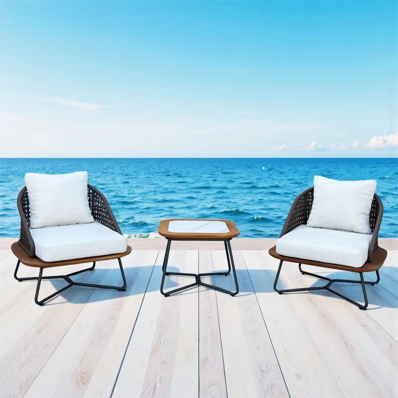 Luxury modern courtyard aluminum leisure single sofa furniture outdoor garden teak rope table and chair balcony set