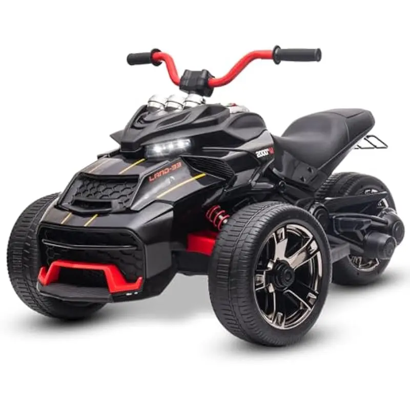Twelve volt electric ride on motorcycle for children featuring three wheel stability LED illumination EVA rubber tires dual spee