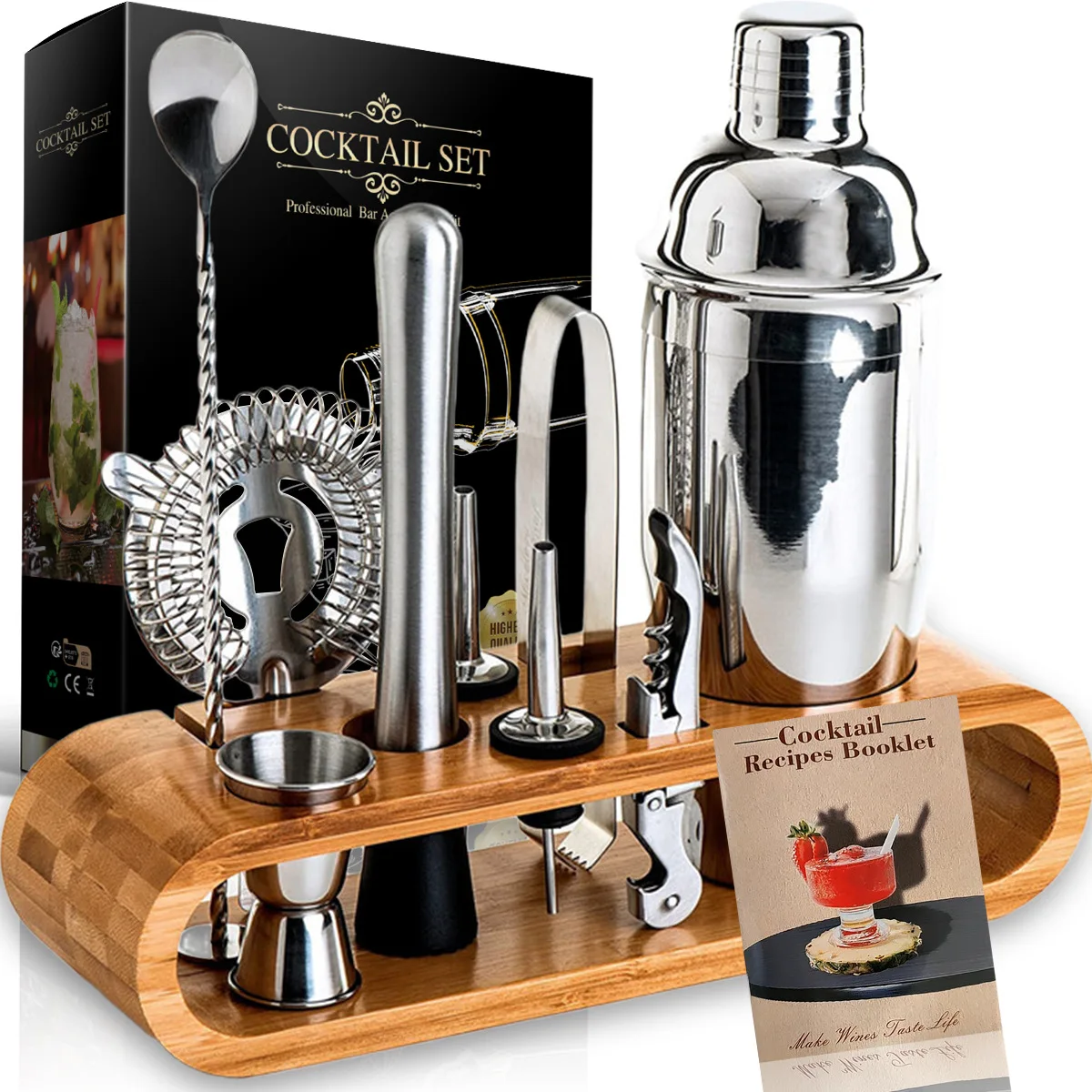 Tool Set with Stylish Bamboo Stand Perfect Home Bartending Kit Martini Cocktail Shaker Set