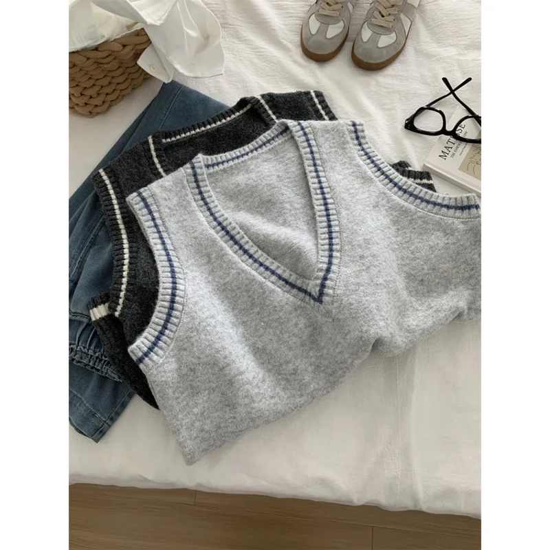 

Autumn Color-Block Sweater Vest Women V-Neck 6% Wool Loose Sleeveless Knitted Tops