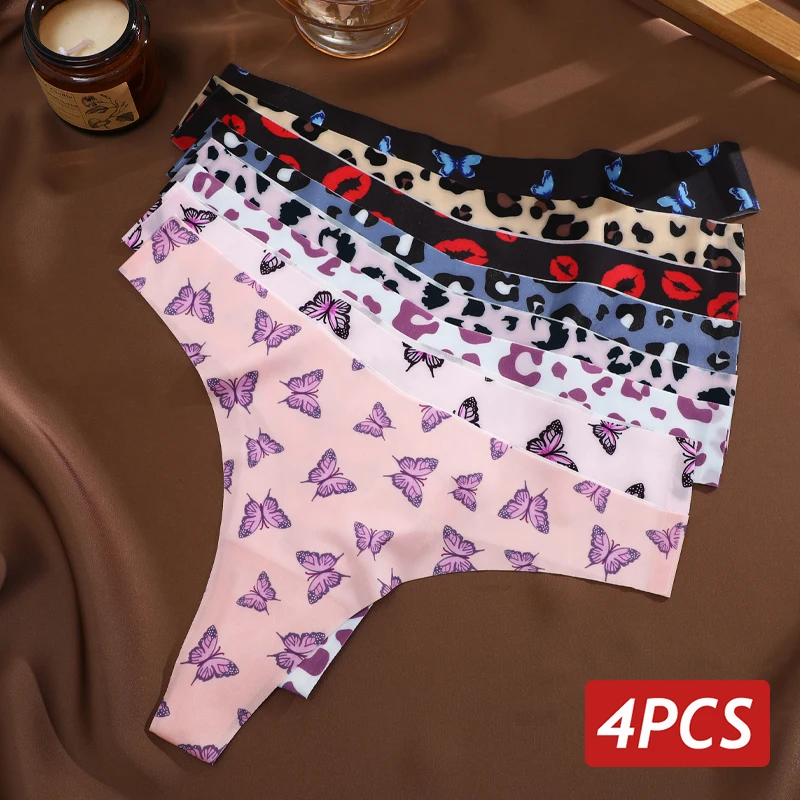 4PCS/Set Ice Silk Seamless Thong For Women Sexy Leopard V-Waist Underpants Printting Cute Lingerie Female Breathable Underwear