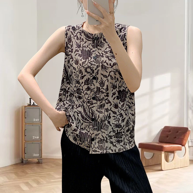 

Женские плиссированные жилеты Miyake, лето 2021, складные топы, новый принт, простой плиссированный кардиган без рукавов с v-образным вырезом, плиссированный жилет