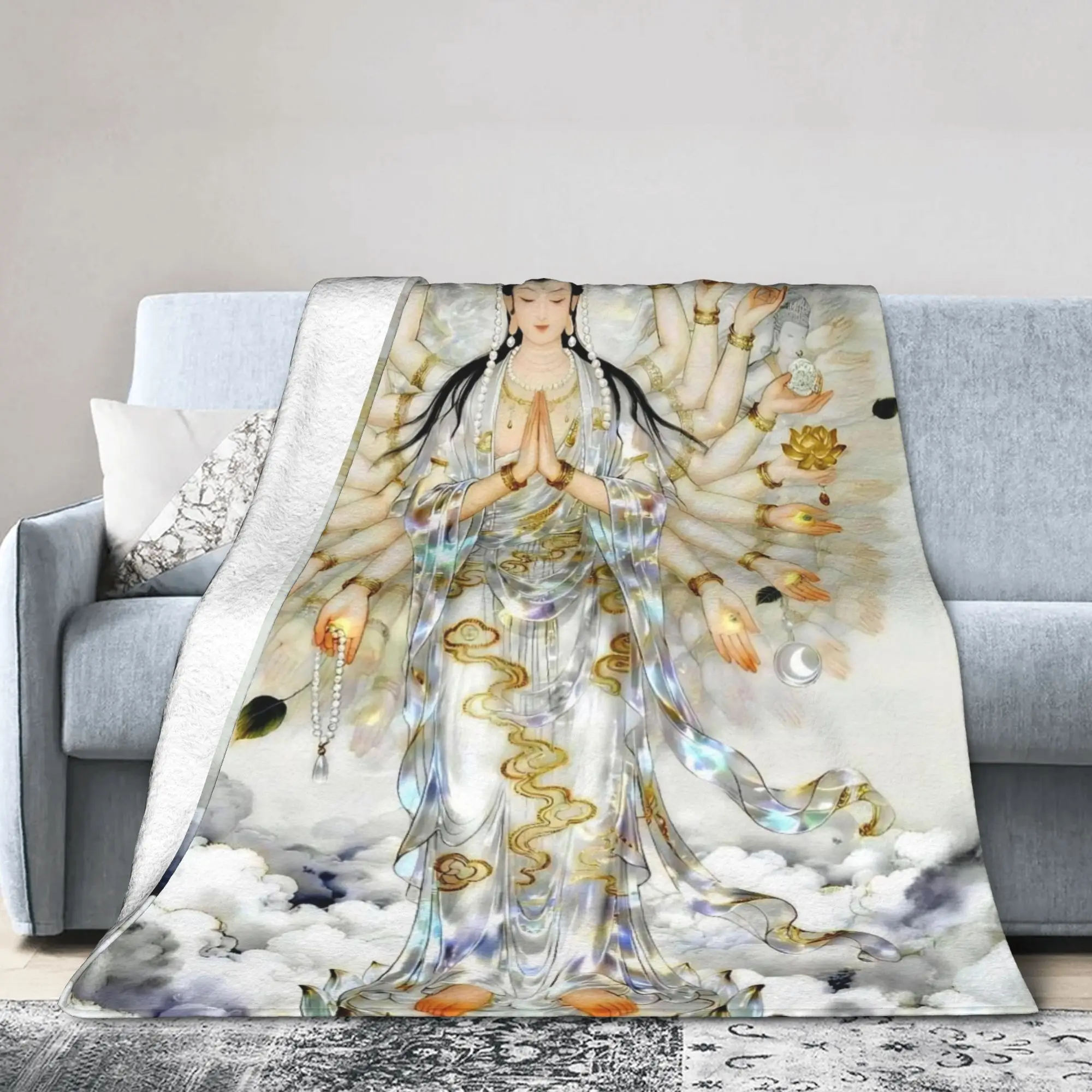 Bodhisattva Willow Branch Lotus Flannel Blanket Y2K Harajuku Customized Throw Blankets Bed Sofa Couch 150*125cm Plush Thin Quilt