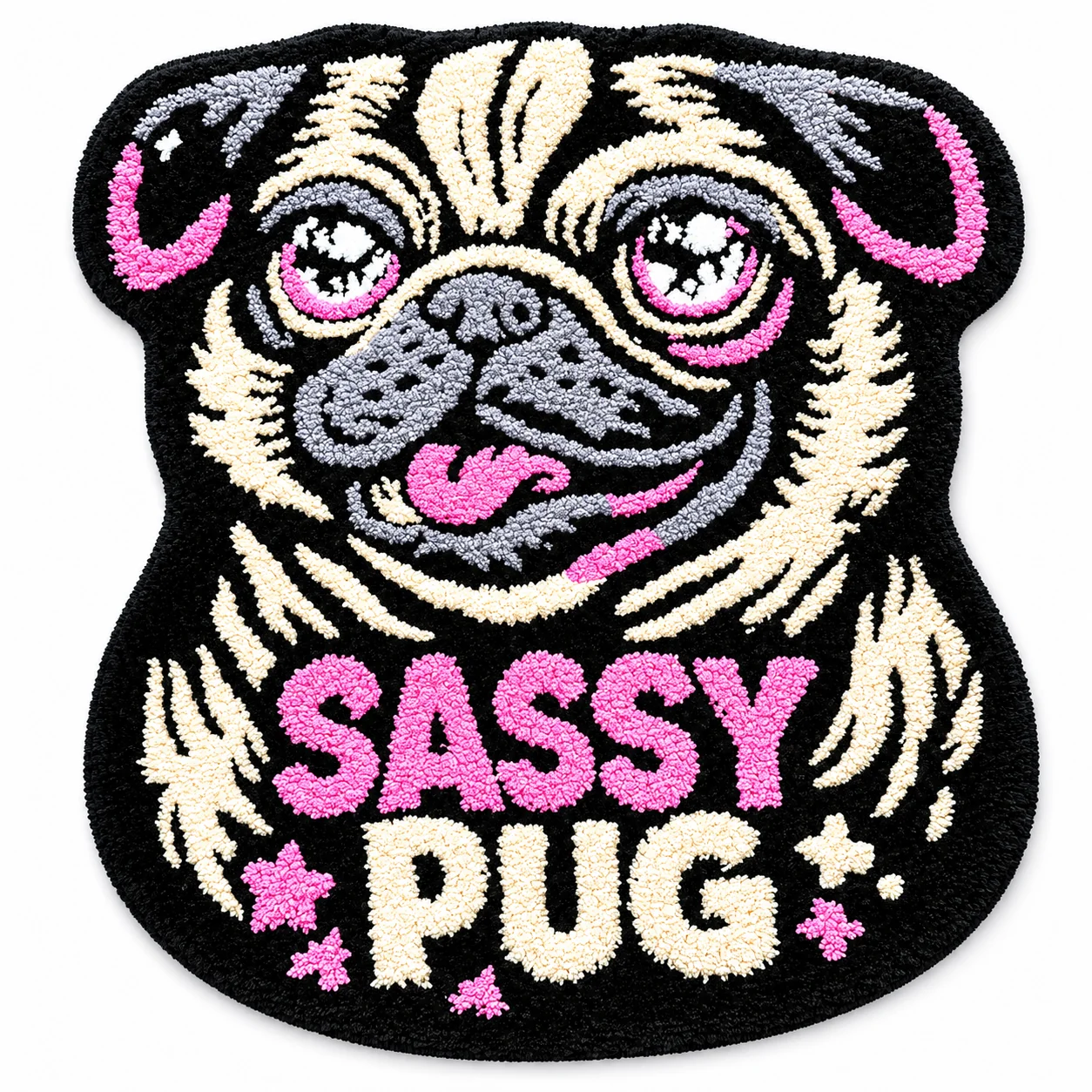 Alfombra Vintage Rosa y Blanca con Diseño de Perro Pug, Alfombra Peluda Irregular con Detalles de Estrella, Lavable, para Dormitorio y Baño