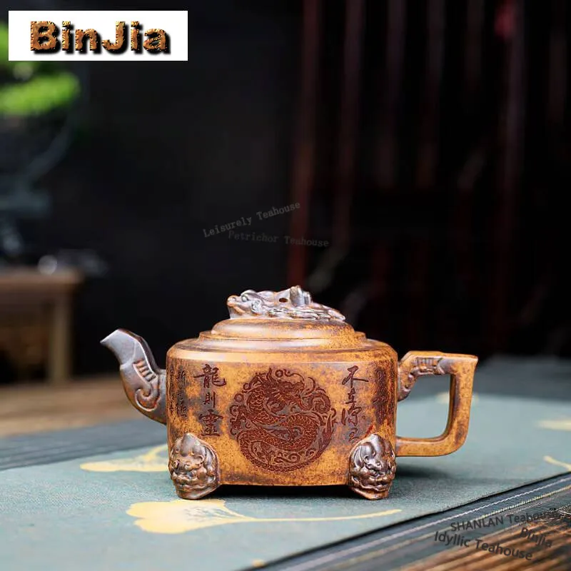 380ml Aesthetic Yixing Purple Clay Teapot Master Handmade Square Dragon Pot Raw Ore Hyperthermy Section Mud Kettle Zisha Tea Set
