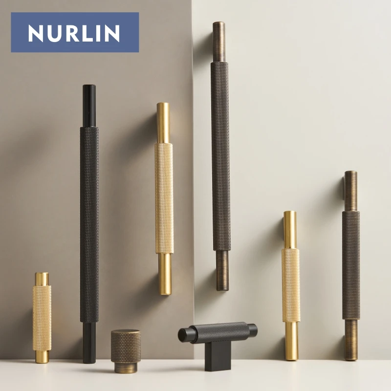 Nurlin Solid Brass Knurling Antique Brass Cross Pattern Cabinet Knob Cupboards T-bar Furniture Refrigerator Door Kitchen Pull