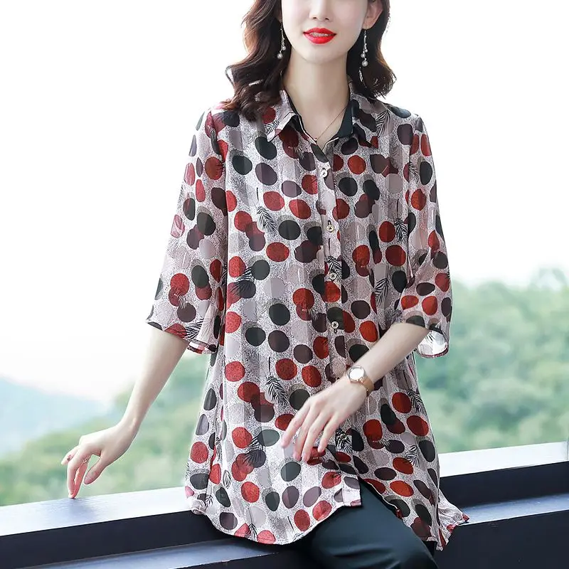 Office Lady Stylish Polka Dot Printed Shirt Casual Half Sleeve Women\'s Clothing Single-breasted Summer Korean Loose Midi Blouse