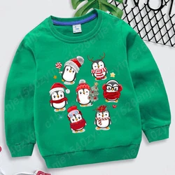 Cute Christmas Penguin Print Round Neck Pullover Casual Sport Outdoor Tops Long Sleeve Boys Girls Plus Size Hoodless Sweatshirts