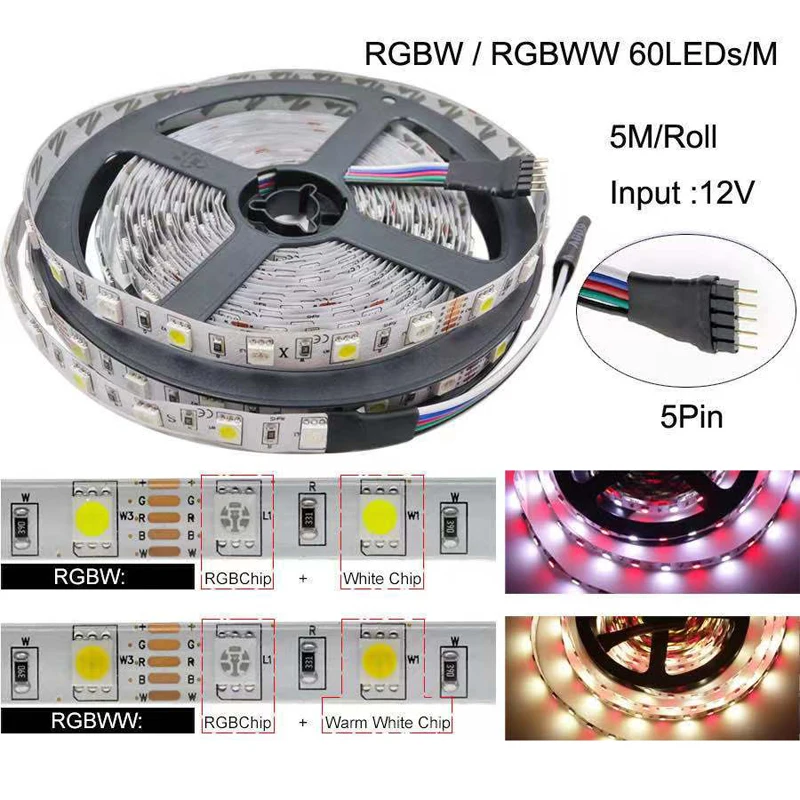 5m RGB RGBW RGBWW Led Strip Light 4 Colors In 1 Chip dc12V 5050 60 LEDs Flexible Tape Ribbon RGB Warm White DC Home Decor