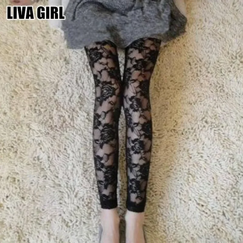 Liva Girl Sexy Fresh Cool Summer Women Rose Lace Sexy Leggings Hollow Slim Elastic Pants Black White Casual Leggings Female