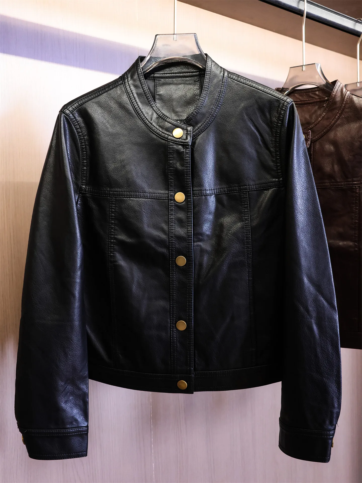 Retro Elegant Simple Stand Collar Single Button Long Sleeve Women's Jacket Slimming Leather Coat Autumn New Style B271