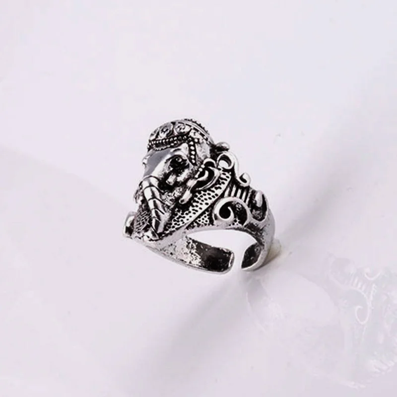 Retro Ganesha Elephant God Ring For Men Silver Color Punk Gothic Open Ring Handmade Designer Jewelry Unisex Hindu Accessories