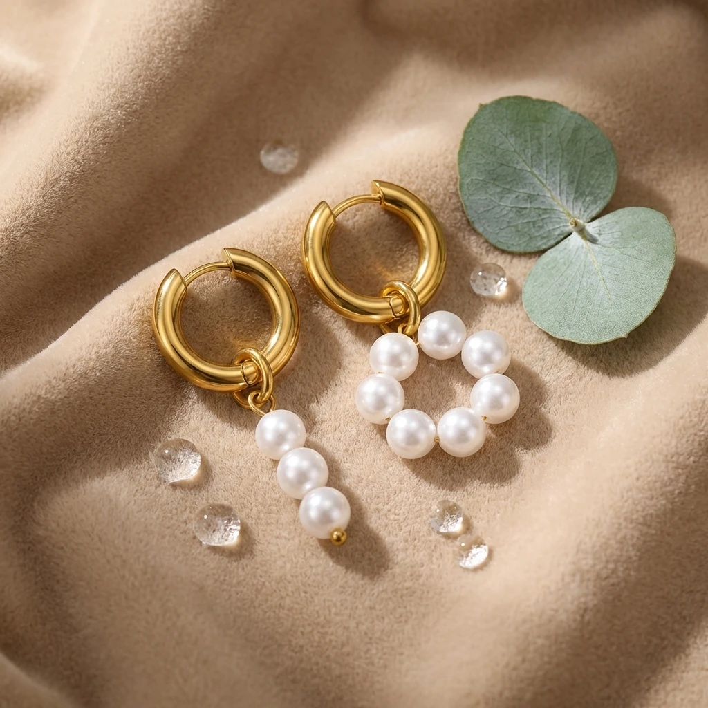 Asymmetrische Edelstahl-Perlen-Creolen mit Glanzfinish für Damen, Ästhetischer Schmuck als Geschenk – Detail 3