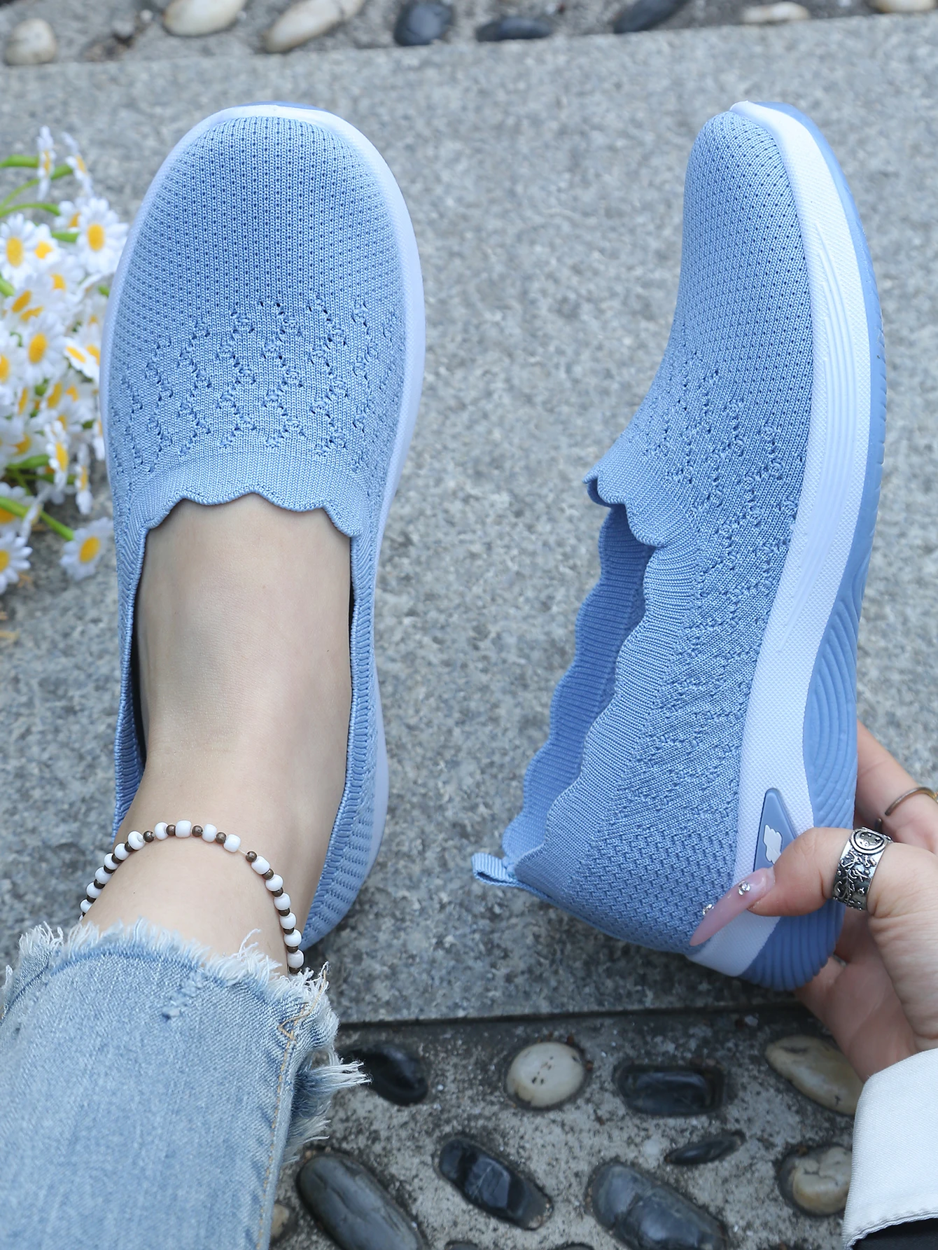 Damen-Slip-On-Freizeitsneaker aus Strick, atmungsaktive, leichte Komfort-Wanderschuhe mit Muschelbesatz, kostenloser Versand – Detail 4