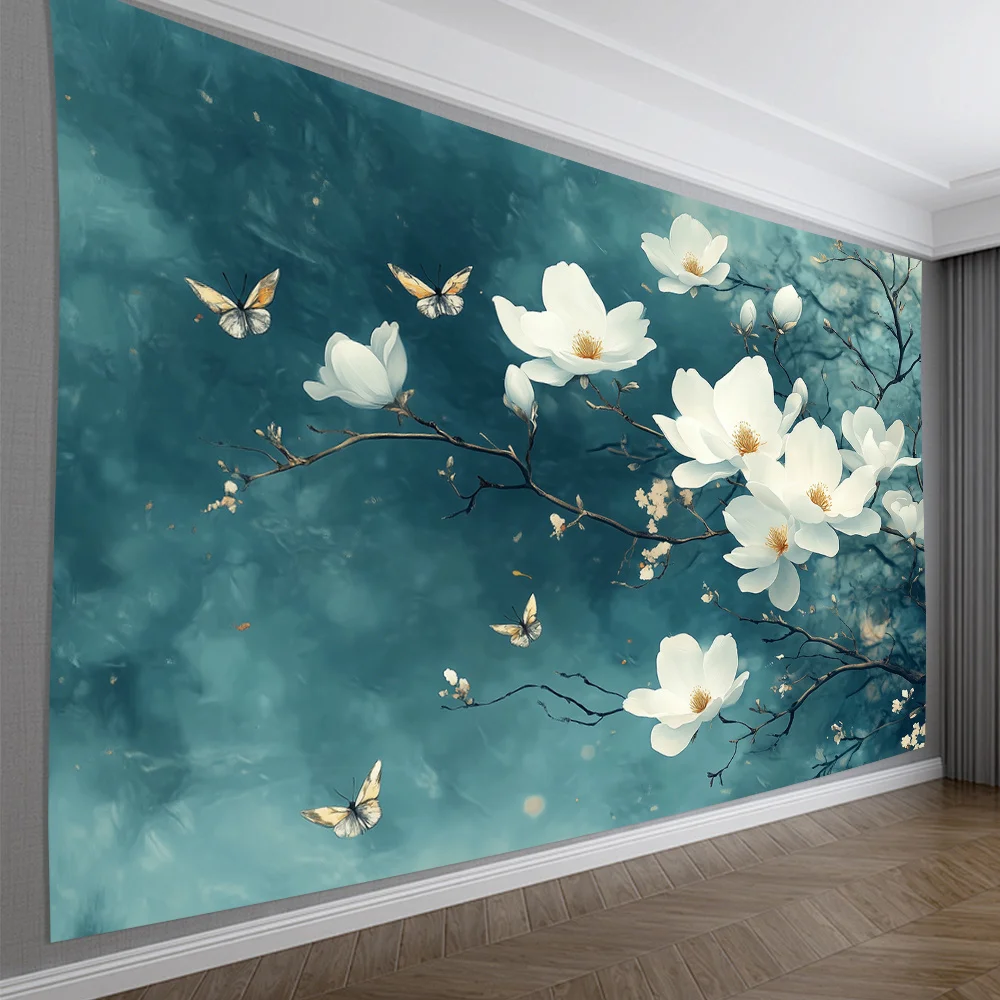 Weißer Magnolienblüten-Wandteppich, Schmetterlinge auf blaugrünem Hintergrund, eleganter floraler Wandbehang für Schlafzimmer und Wohnzimmer