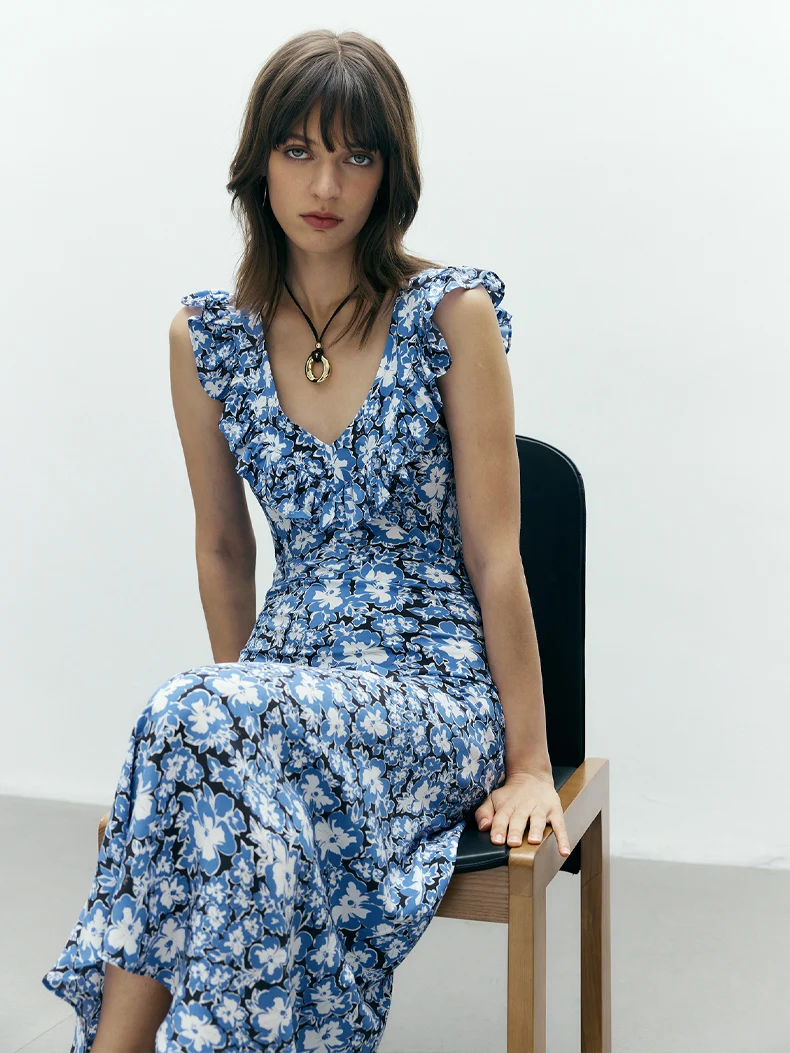 SuyaDream, robe longue femme, 100% soie véritable, coupe biais, col en V, robes longues imprimées florales, vêtements printemps été 2025, bleu