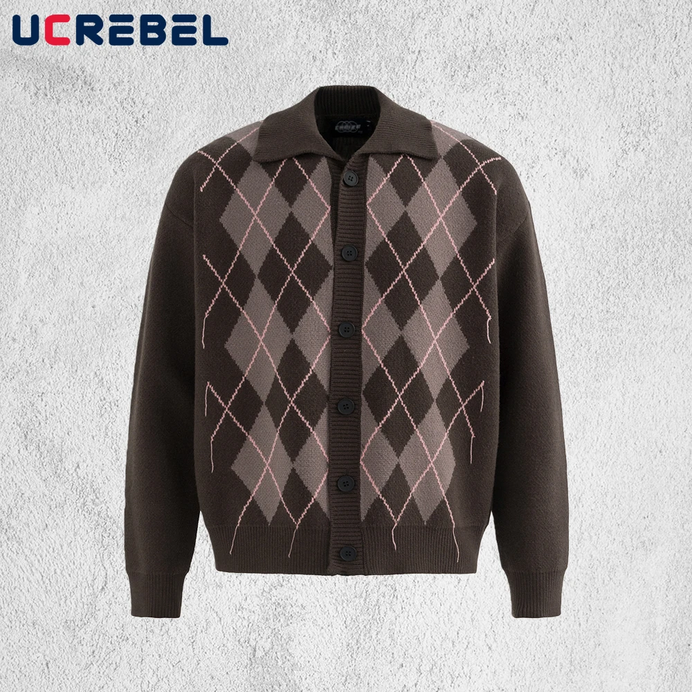 

Rhombus Plaid Sweatercoat Mens Retro High Street Autumn Winter Single Breasted Long Sleeve Knitted Sweater Man