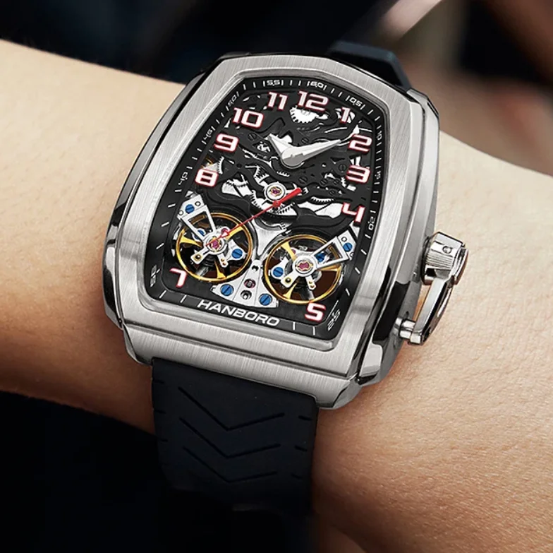 HANBORO Мужские автоматические часы 44 мм Модные механические наручные часы Светящиеся 50 м Водонепроницаемые скелетон с двойным маховиком