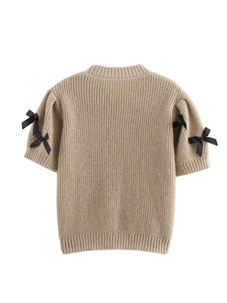 Zevity New Women Sweet Bowknot Decoration Short Sleeve Knitting Sweater Female Chic O Neck Pullovers Crop Coat Tops SW7369