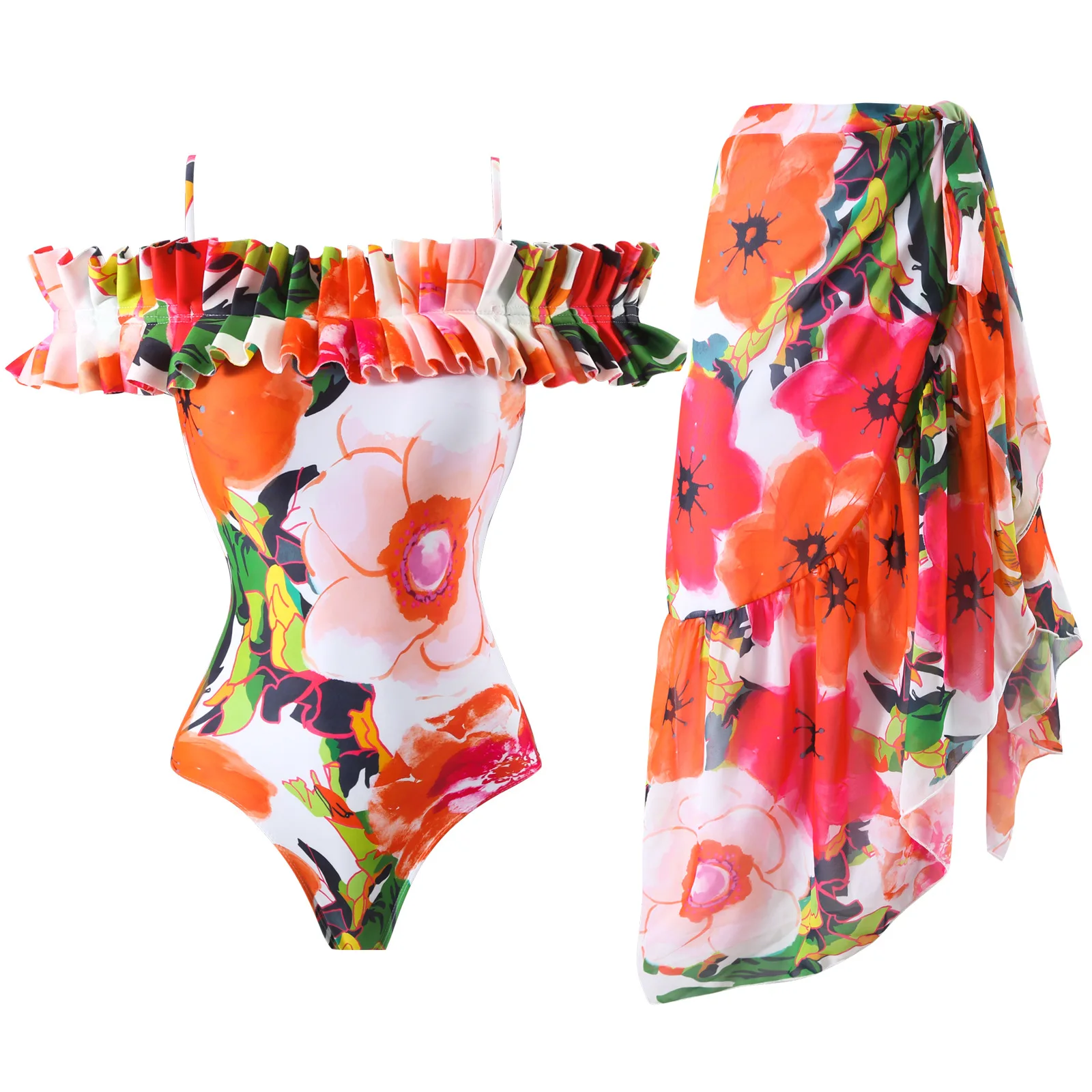 2025 جديد مثير بيكيني قطعة واحدة ملابس السباحة الشيفون تنّورة ملفوفة كلمة واحدة الكتف لوتس ليف ملابس السباحة الشاطئ جمع المحافظ يكون