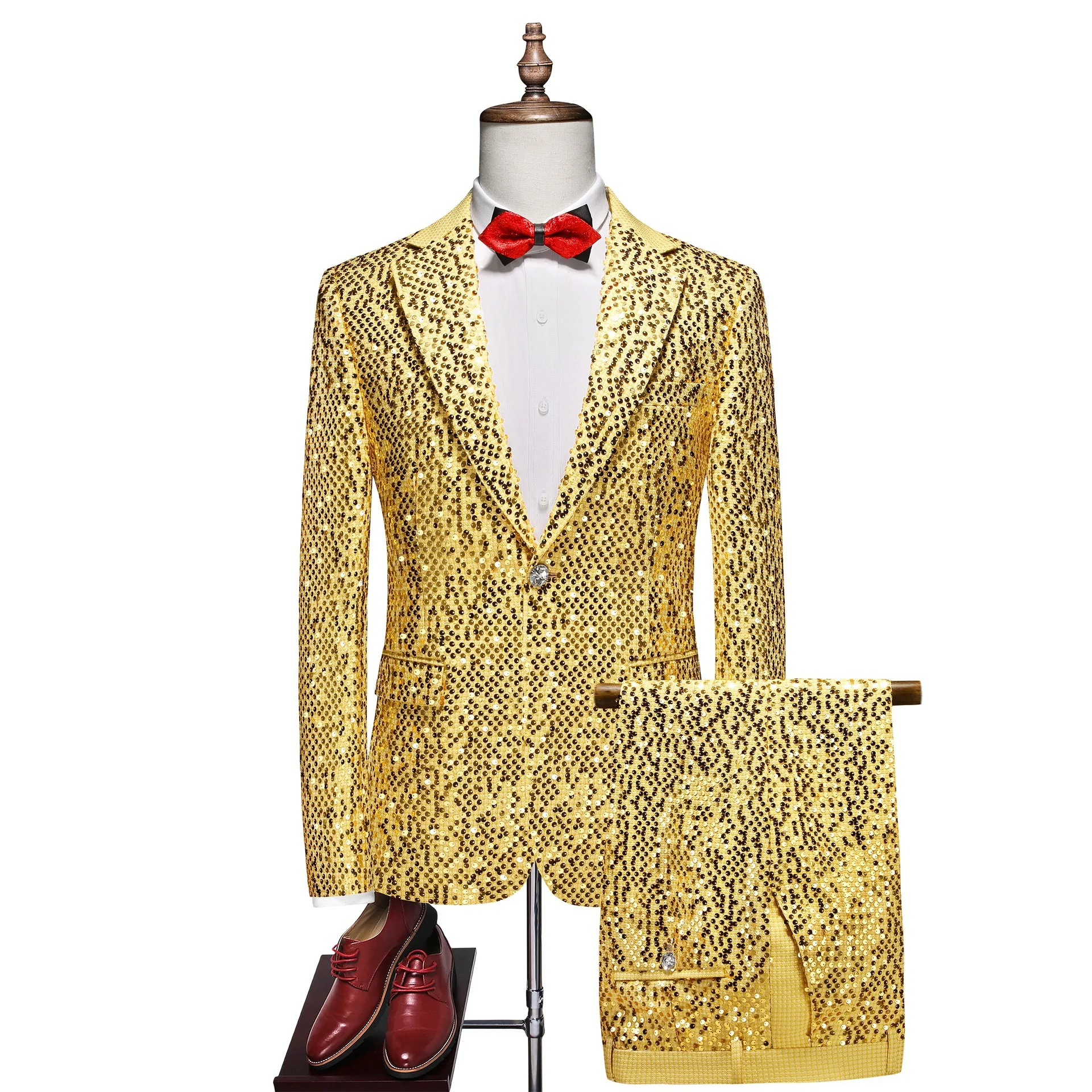 

Asian Size Men's Gold Sequin Slim Fashion Suit Two Piece Set Singer Stage Performance Host Costume Wedding Party Formal Suits