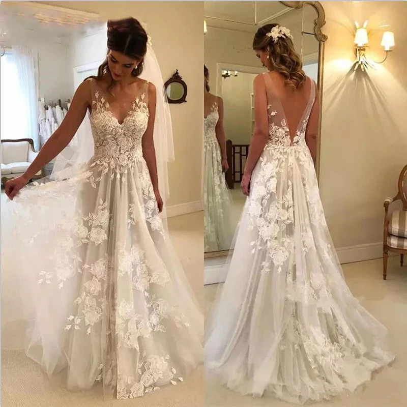 White V-Neck Wedding Dresses Lace Applique Tulle Bridal Gowns Sexy Backles A-Line Wedding Party Dress Plus Size Vestido De Noiva