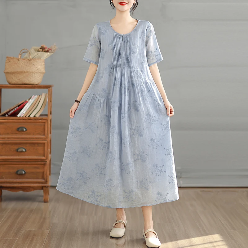 

Summer New Cotton Linen round Neck Short Sleeve Midi Dress Belt Slimming Lightweight Breathable Double Layer Women's Dress