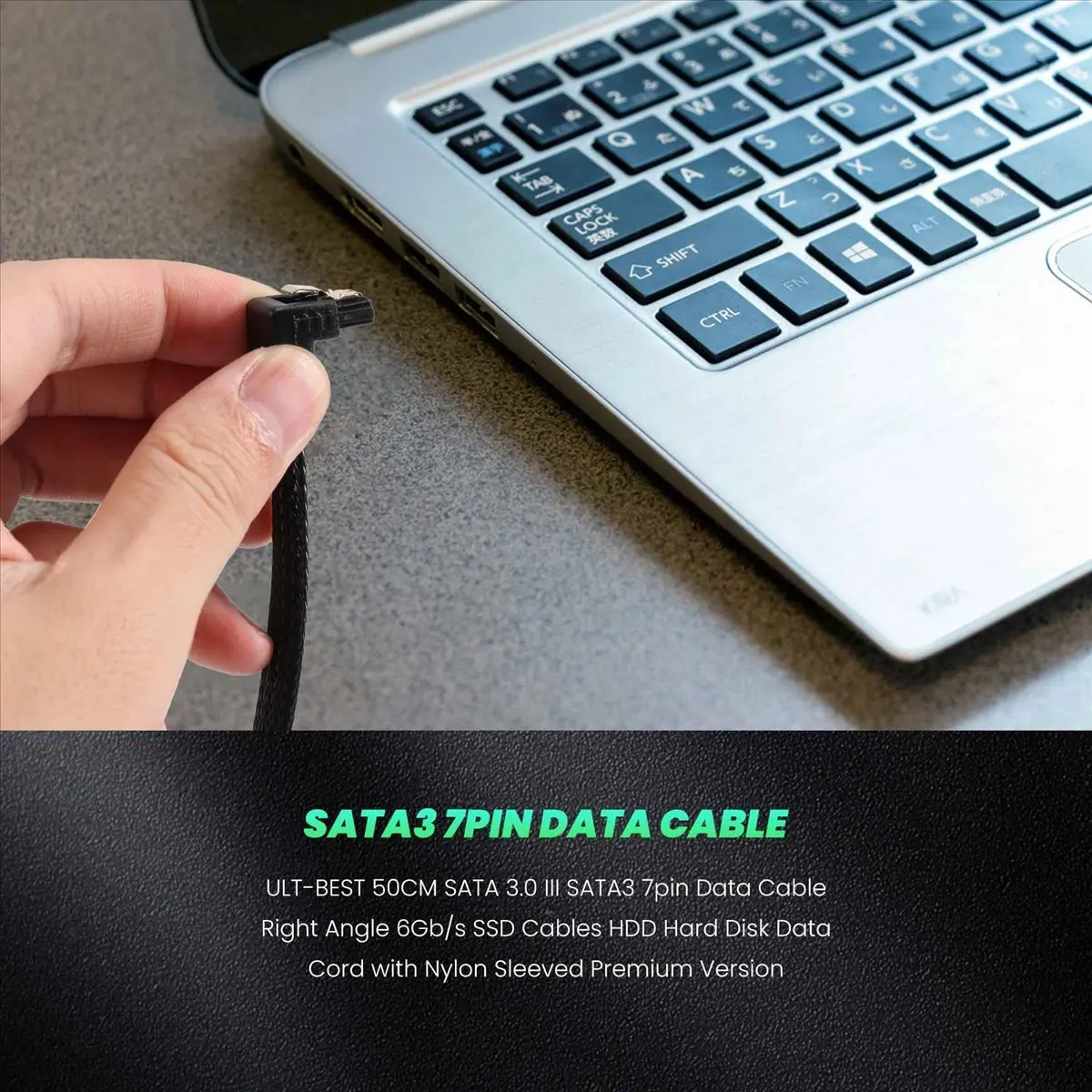 *A23G1205 50CM SATA 3.0 III SATA3 7pin Data Cable Right Angle 6Gb/s SSD Cables HDD Hard Disk Data Cord with Nylon Sleeved(Black)