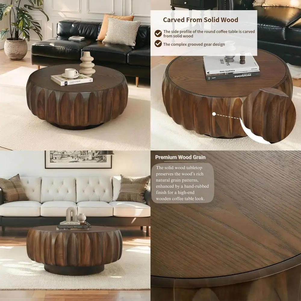 

Современный круглый журнальный столик из орехового дерева середины века с рифленым дизайном для гостиных и небольших помещений