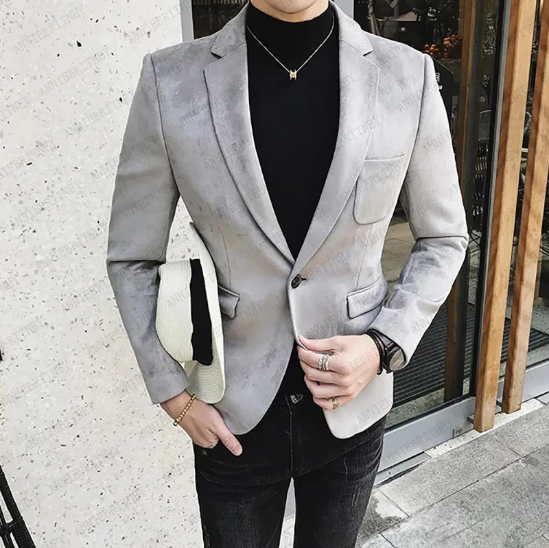 Grauer Wildleder Männer Blazer Slim Fit hochwertige benutzer definierte Gezeiten jacke Smart Business maßge schneiderte Männer Anzug Mantel männliche Blazer Kostüm homme