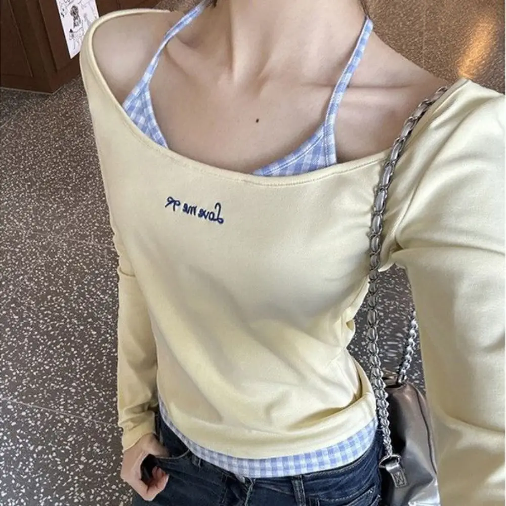 

All-match Blue Grid Long Sleeve T-shirt Lace Simple Slim Thin Pullover Undershirt Bottoming Shirt Crop Top Women Y2k Female