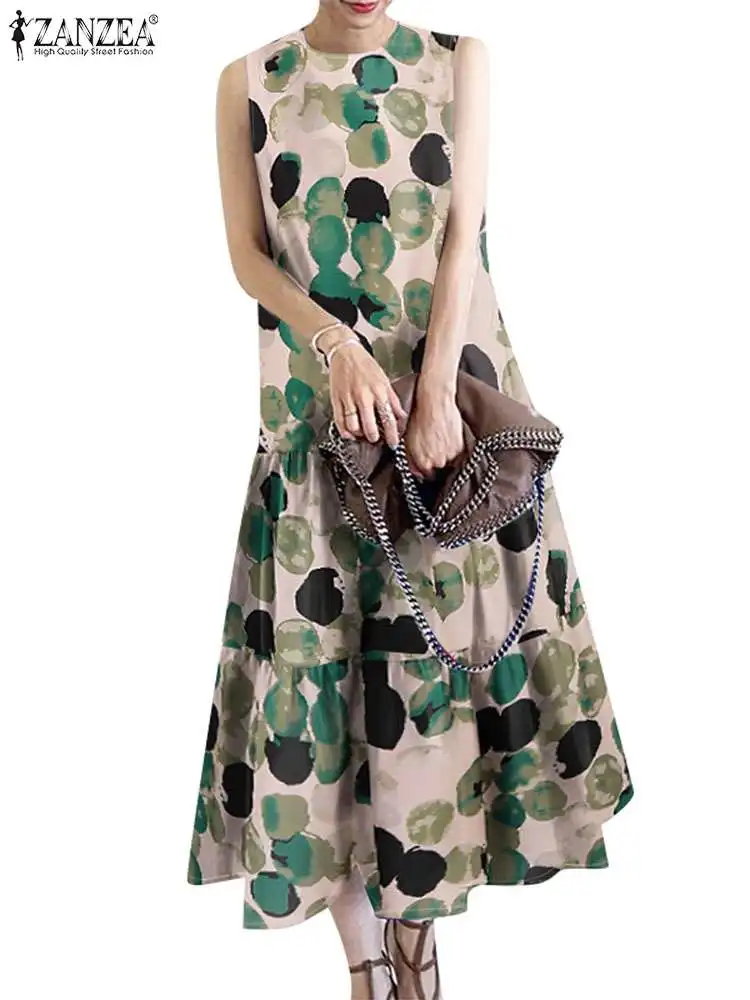 2024 ZANZEA Bohemian Sundress Women Summer Dresses Fashion Casual Ruffles Hem Long Vestido Sleeveless Floral Printed Robe Femme