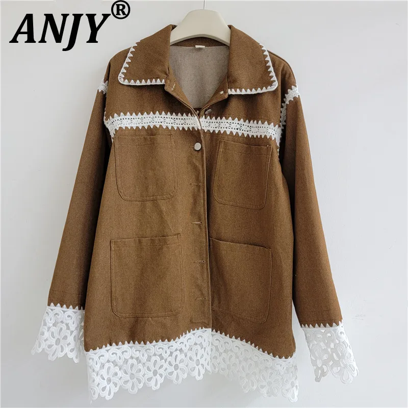 ANJY Spring Autumn New Women Trendy Fashion Lace Patchwork Hollow Out Design Multi-pocket Vintage Loose Safari Style Coat A28291