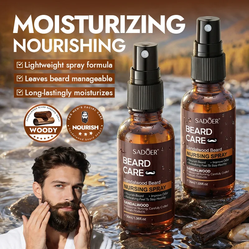 30ml 2 Pcs Sandalwood Beard Care Spray Softening Soothing Portable Men's Spray Nourish Beard Improve Odor