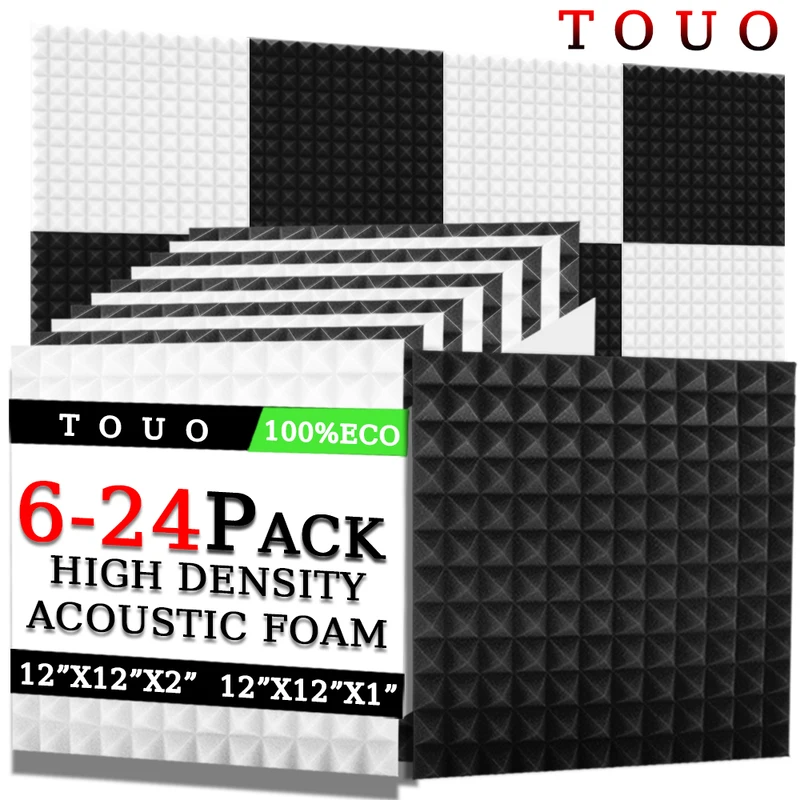 

TOUO 6/12/24 Pcs High-Density Acoustic Foam Drum Room Acoustic Treatment Flame-Retardant Pyramid Sound-Absorbing Material