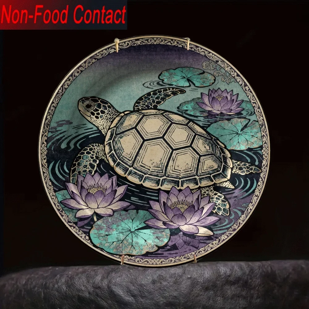 1pc Vintage Japanese Ukiyo-e Turtle & Flower Ceramic Decorative Plate - Non-Food Contact Tabletop Art, Elegant Round Wall or