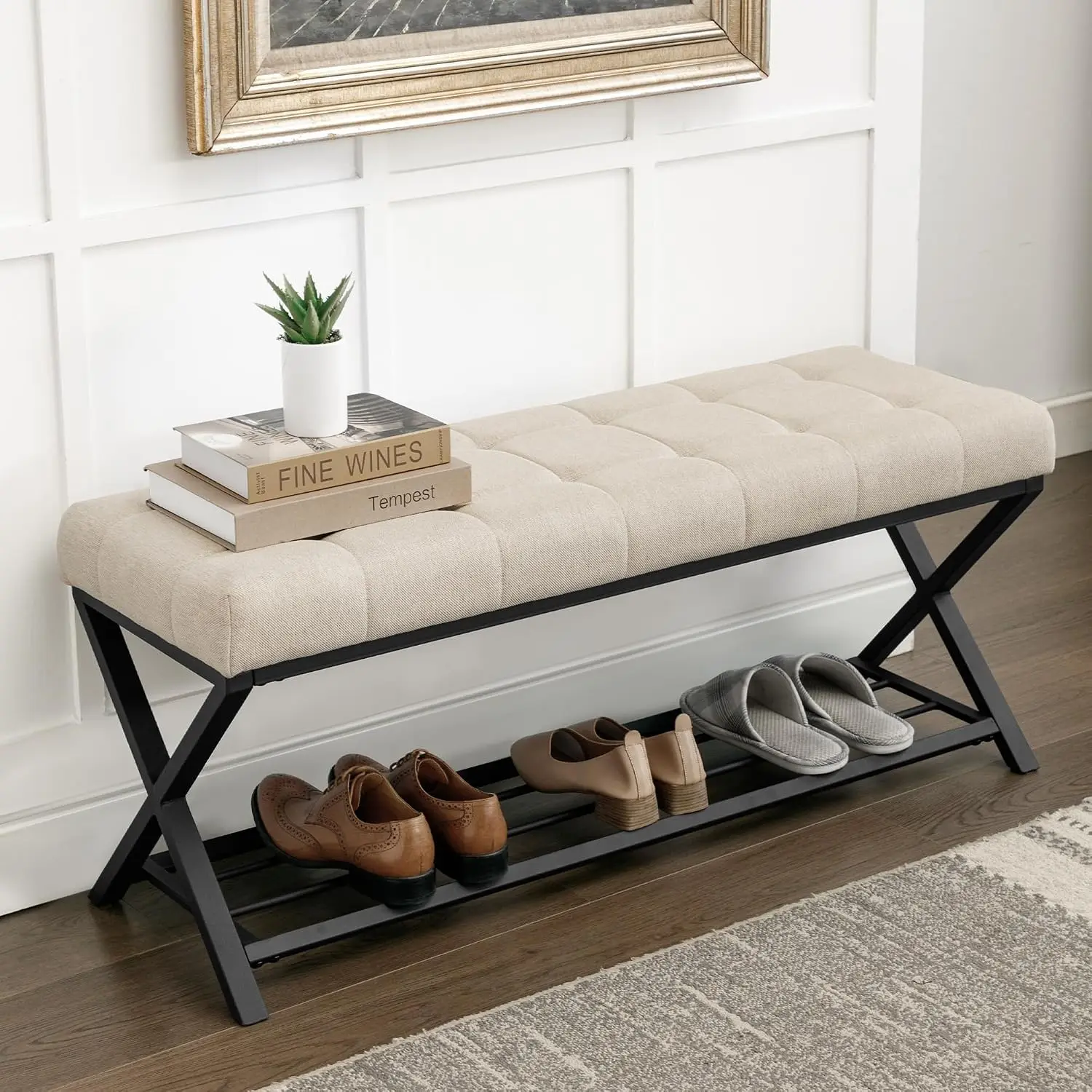 44.5” End of Bed Bench with Shelf, Linen Tufted Upholstered Storage Shoe Bench, Modern Bedroom Bench with Metal Legs