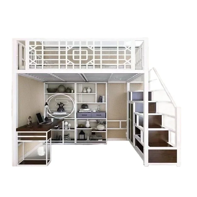 سرير من الحديد المطاوع على الطراز الصيني الجديد، إطار حديدي عتيق، ملاءة سرير مرتفعة من النوع العلوي