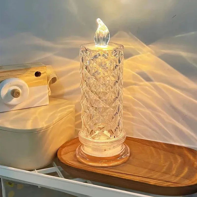 Crystal LED Candle Light Table Lamp Rose Projection Romantic Atmosphere Night Light for Bedroom Party Christmas Wedding Decorate