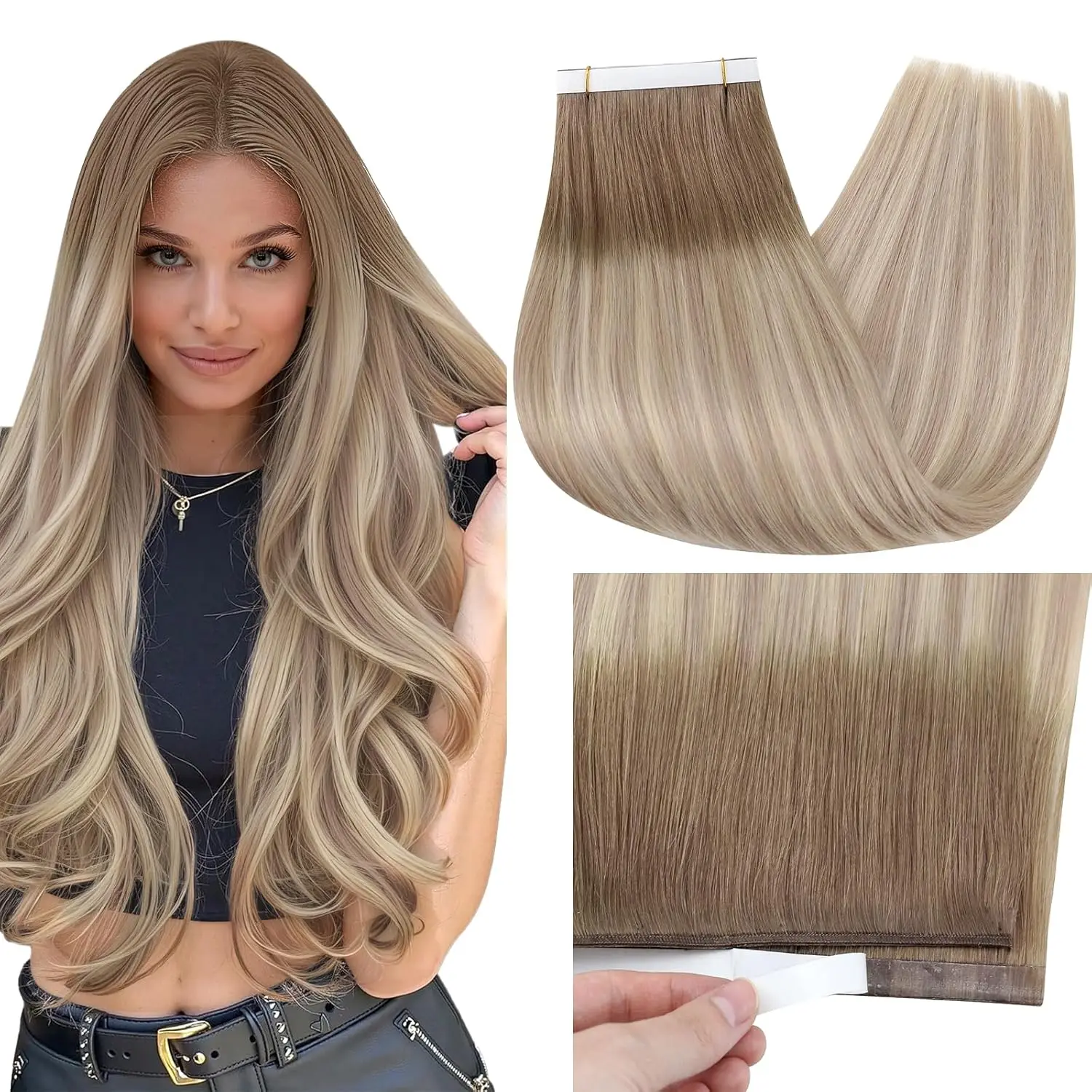 

VeSunny Long Weft Wide Tape in Extensions Human Hair Straight Natural Remy Skin Weft for Women Bridal Hairstyles 50G Brazilian