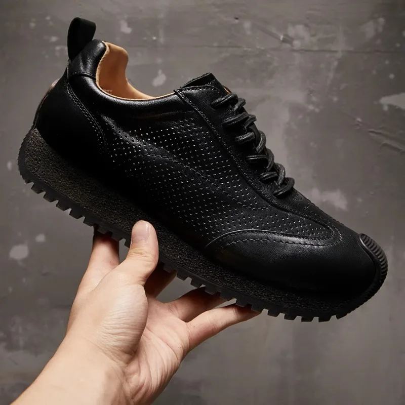 Summer Men Sneakers Cow Leather Breathable Hollow Out Fashion Lightweight Casual Shoes Outdoor Hiking Sports Shoes