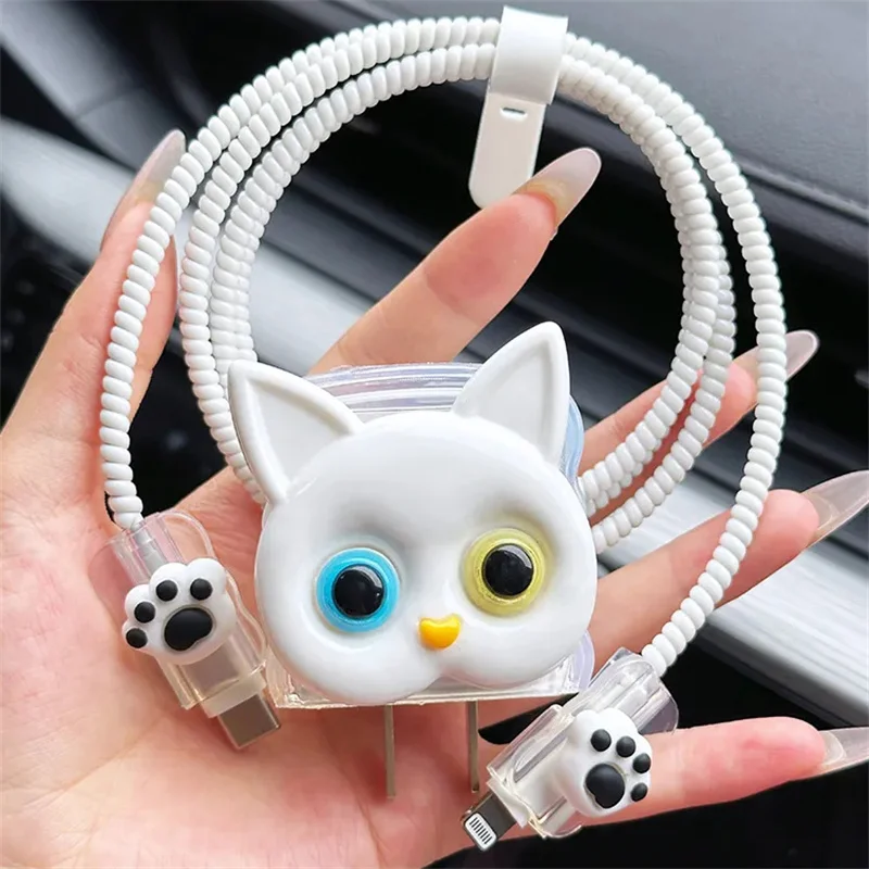 Korea Cartoon Cute 3D Cat Cat Paw Charger Cover For IPhone 11 12 13 14 18/20W Transparent Charge Protection Cover Charger Sleeve