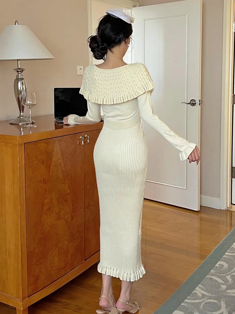 Vrouwen gebreide off-shoulder ruche lange mouw bodycon maxi lange jurk zoete elegante partij casual gewaad vestidos dame straatkleding